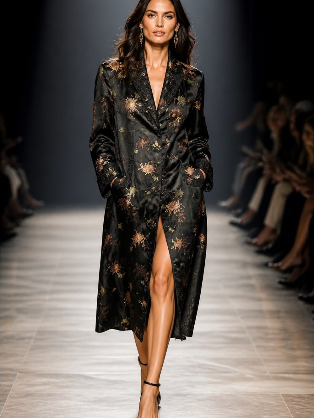 Black Floral Satin Long kimono